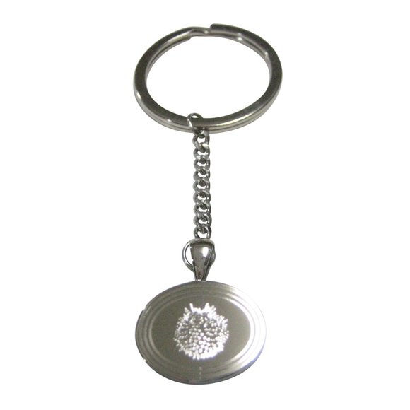 Silver Toned Oval Etched Spikey Puffer Fish Fugu Blowfish Pendant Keychain - Picture 1 of 2